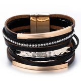 Metal Bar Charm Leather Bracelet for Women Multilayer Boho Rope Wide