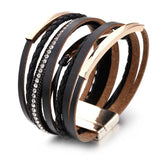 Metal Bar Charm Leather Bracelet for Women Multilayer Boho Rope Wide