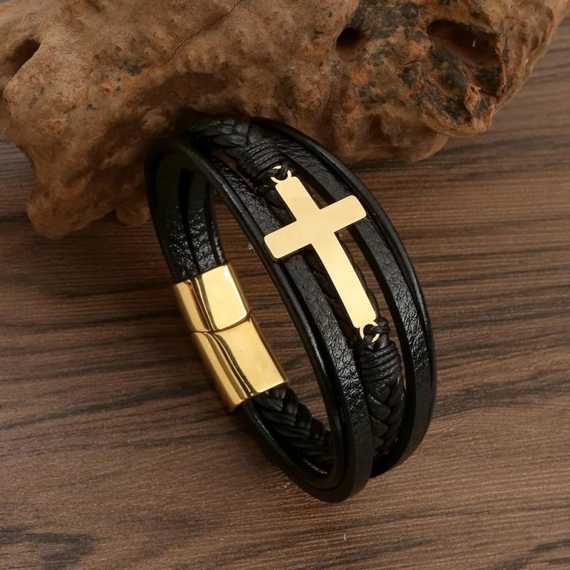 Cross Leather Bracelet for Men Stainless Steel Magnet Bangle Punk Christmas