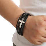 Cross Leather Bracelet for Men Stainless Steel Magnet Bangle Punk Christmas