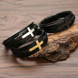 Cross Leather Bracelet for Men Stainless Steel Magnet Bangle Punk Christmas