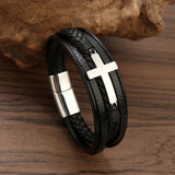 Cross Leather Bracelet for Men Stainless Steel Magnet Bangle Punk Christmas