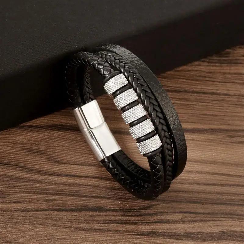 Men's Stainless Steel Beaded Leather Bracelet 18.5/20.5/22cm Christmas Gift