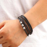 Men's Stainless Steel Beaded Leather Bracelet 18.5/20.5/22cm Christmas Gift