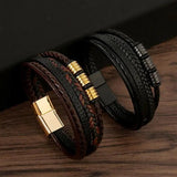 Men's Stainless Steel Beaded Leather Bracelet 18.5/20.5/22cm Christmas Gift