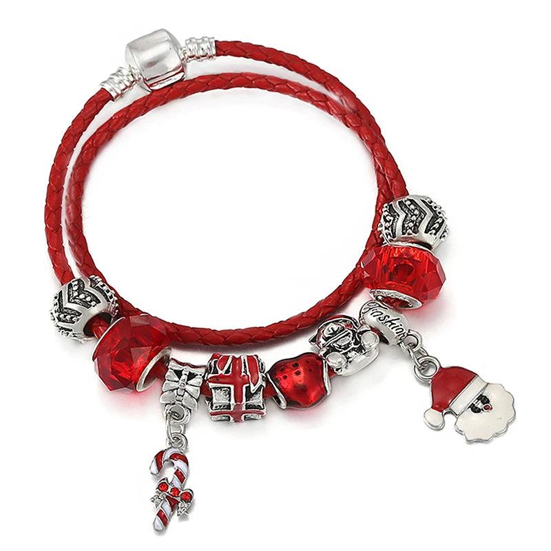 Xmas Red Leather Charm Bracelet With Santa Claus Pendants DIY Bracelet