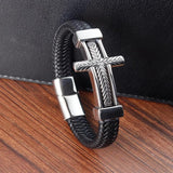 Punk Cross Leather Bracelet Stainless Steel Men's Bangles Jewelry