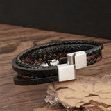 Men's Stainless Steel Beaded Leather Bracelet 18.5/20.5/22cm Christmas Gift