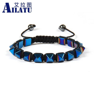 Men's Pyramid Bracelet 8mm Helmatite Stone Beads Macrame Braiding Jewelry