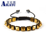 Men's Pyramid Bracelet 8mm Helmatite Stone Beads Macrame Braiding Jewelry