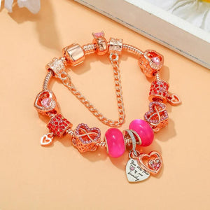 Rose Plated Heart Beads Pink Crystal Bracelet DIY Bangle