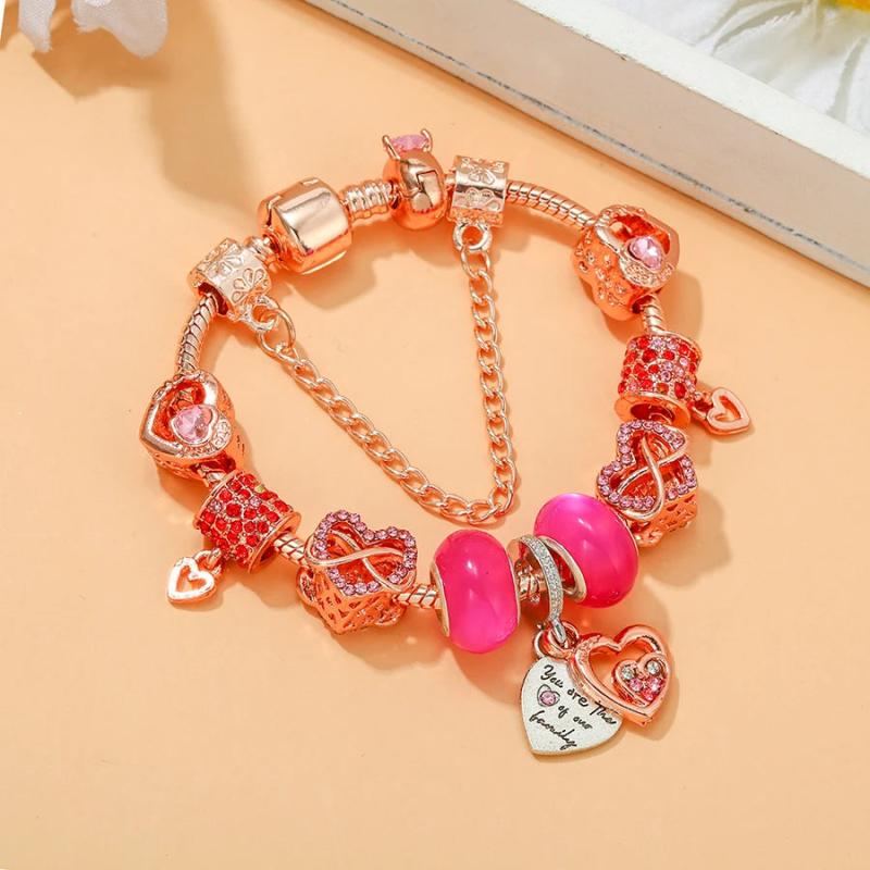 Rose Plated Heart Beads Pink Crystal Bracelet DIY Bangle
