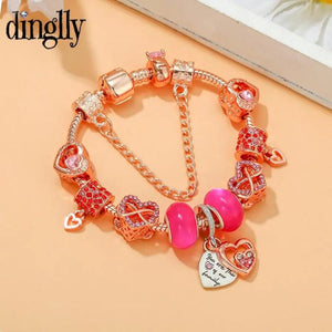 Rose Plated Heart Beads Pink Crystal Bracelet DIY Bangle