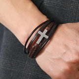 Men's Leather Cross Bracelet with Stainless Steel Clasp