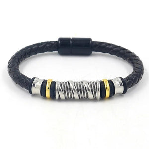 Vintage Leather Bracelet for Men Hand-woven Alloy Beaded Magnetic Clasp Bracelet