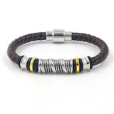 Vintage Leather Bracelet for Men Hand-woven Alloy Beaded Magnetic Clasp Bracelet