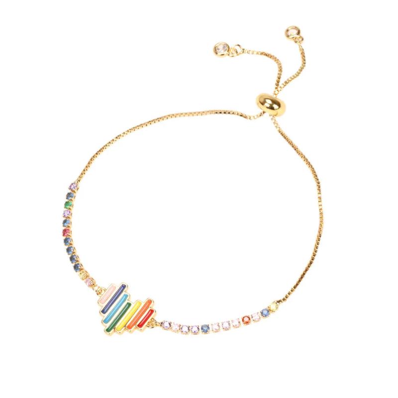 Plated Zircon Chain Enamel Heart Charm For Women Girl Rainbow Pendant Bangle