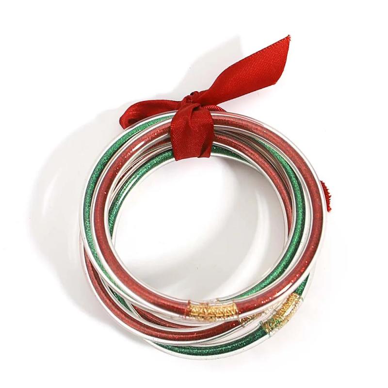 Christmas Glitter Bangle Bracelet Set Red Green Silicone Xmas Jewelry