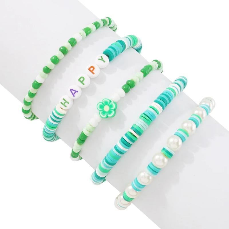 5pcs/Set Colorful Boho Bead Bracelet for Women, Elastic Charm Bangles