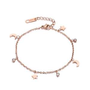 Moon & Star CZ Crystals Charm Bracelet Rose Stainless Steel Link Chain