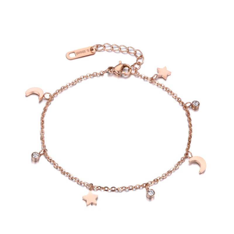 Moon & Star CZ Crystals Charm Bracelet Rose Stainless Steel Link Chain