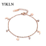 Moon & Star CZ Crystals Charm Bracelet Rose Stainless Steel Link Chain