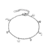 Moon & Star CZ Crystals Charm Bracelet Rose Stainless Steel Link Chain