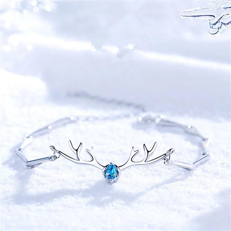 Adjustable Silver Crystal Deer Elk Charm Bracelet for Women