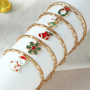 Sweet Christmas Metal Chain Bracelet Snowman Elk Snowflake Bell Bangle