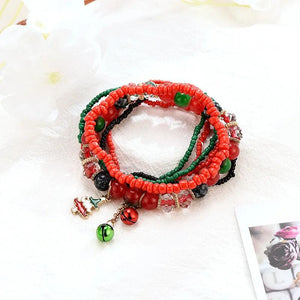 7Pcs Beaded Bohemian Multi-layer Bracelet Metal Tree Christmas Pendant Bell