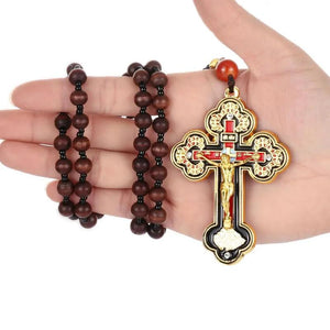 Orthodox Crucifix Jesus Cross Pendant Wooden Rosary Necklace