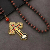 Orthodox Crucifix Jesus Cross Pendant Wooden Rosary Necklace
