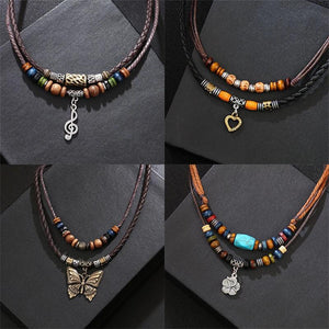 Vintage Butterfly Love Wood Bead Turquoise Pendant Necklace for Women