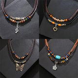Vintage Butterfly Love Wood Bead Turquoise Pendant Necklace for Women
