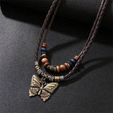 Vintage Butterfly Love Wood Bead Turquoise Pendant Necklace for Women