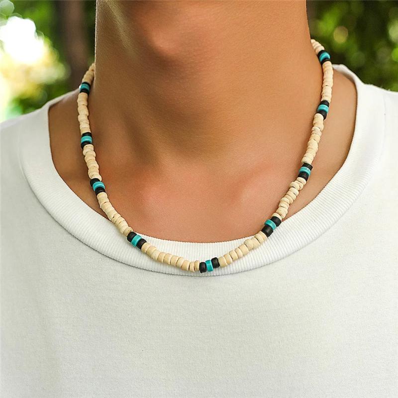Mens Wooden Beaded Surfer Necklace Geometric Tribal Ethnic Chain
