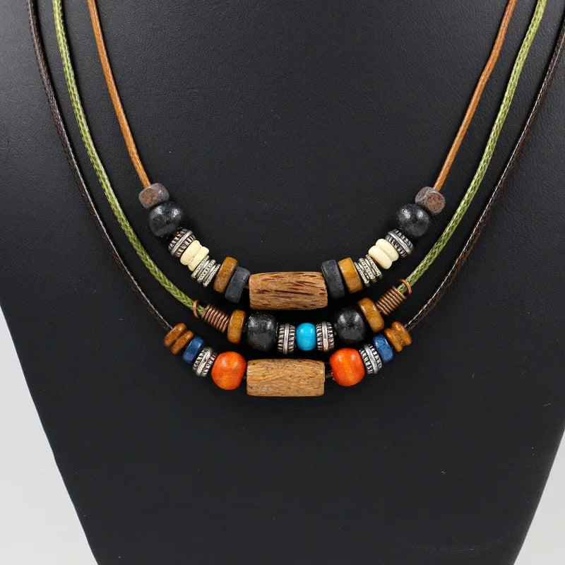 Vintage Multilayer Wood Beads Pendant Necklace