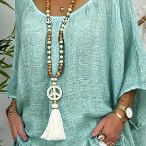 Boho Tassel Peace Pendant Necklace for Women Vintage Wooden Beads Jewelry