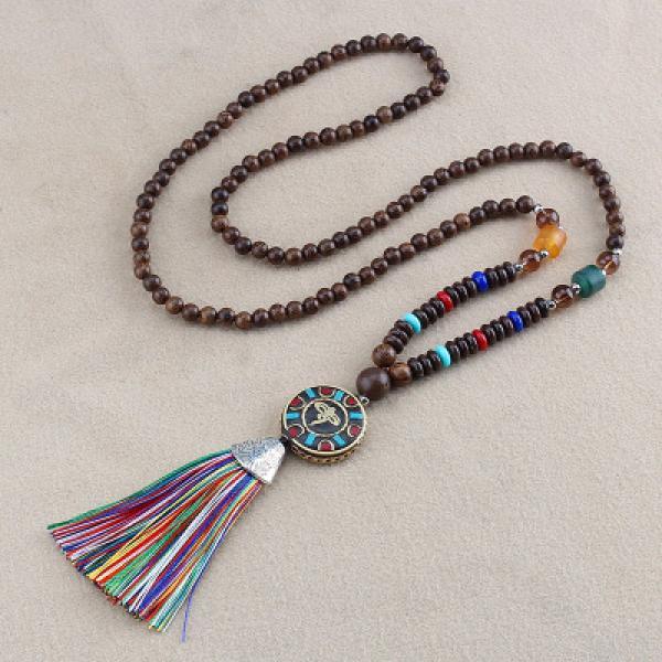 Bohemian Tassel Vintage Necklace Long Nepal Wood Beads Women Pendants