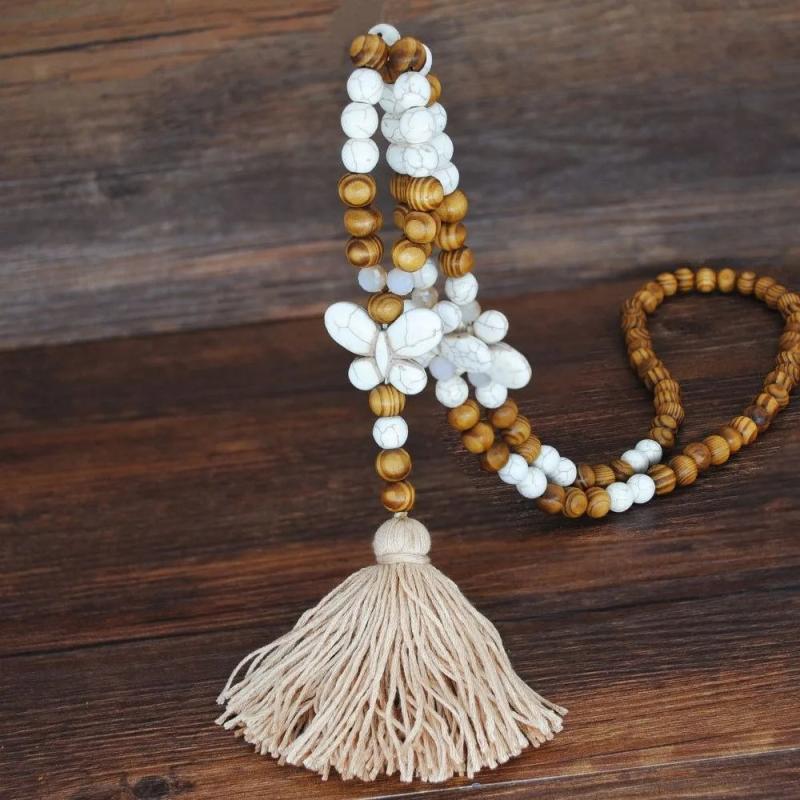 Boho Wood Beads Star Stone Pendant Tassel Necklace