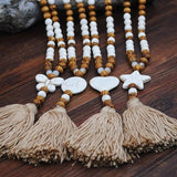 Boho Wood Beads Star Stone Pendant Tassel Necklace