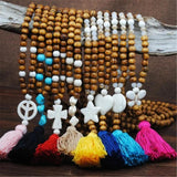 Boho Wood Beads Star Stone Pendant Tassel Necklace