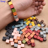 Yanqi 50pcs Natural Square Wood Beads 10mm Colorful Loose Spacer Wooden Beads
