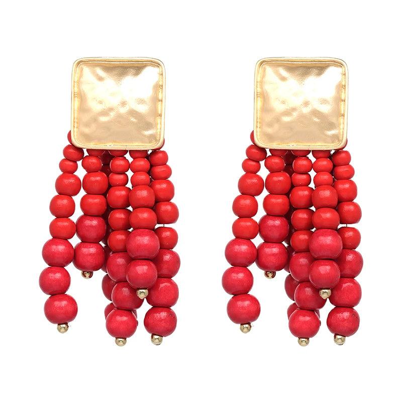 Long Wooden Bead Chain Dangle Earrings Statement Boho Jewelry