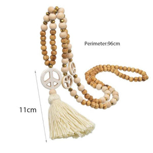 Boho Tassel Sweater Chain Peace Pendant Necklace with Wooden Beads