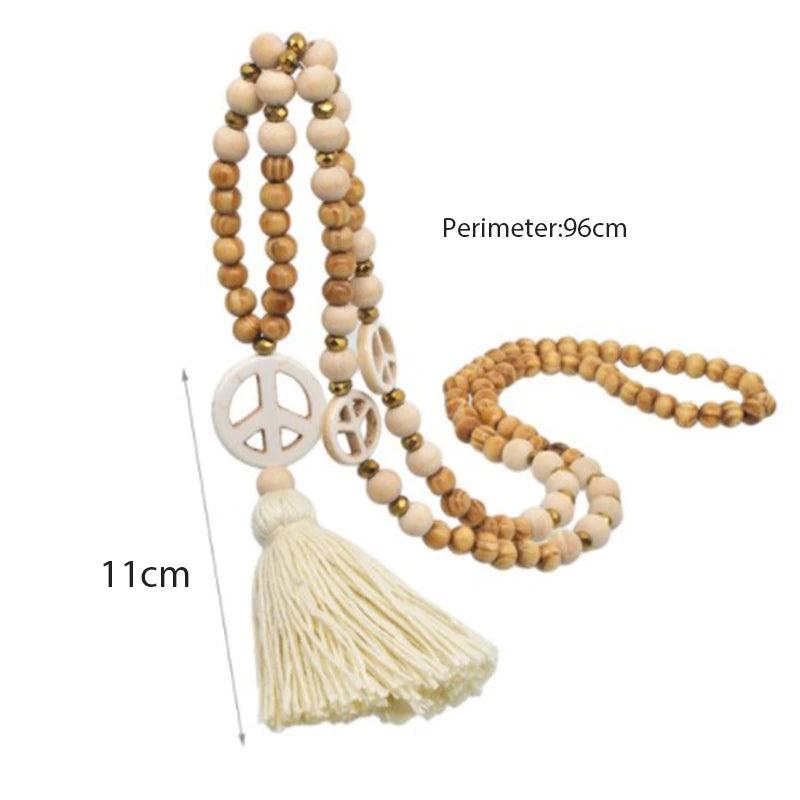 Boho Tassel Sweater Chain Peace Pendant Necklace with Wooden Beads