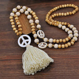 Boho Tassel Sweater Chain Peace Pendant Necklace with Wooden Beads
