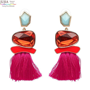 Korea Hot Pink Crystal Drop Earrings Wedding Jewelry Rhinestones Dangle