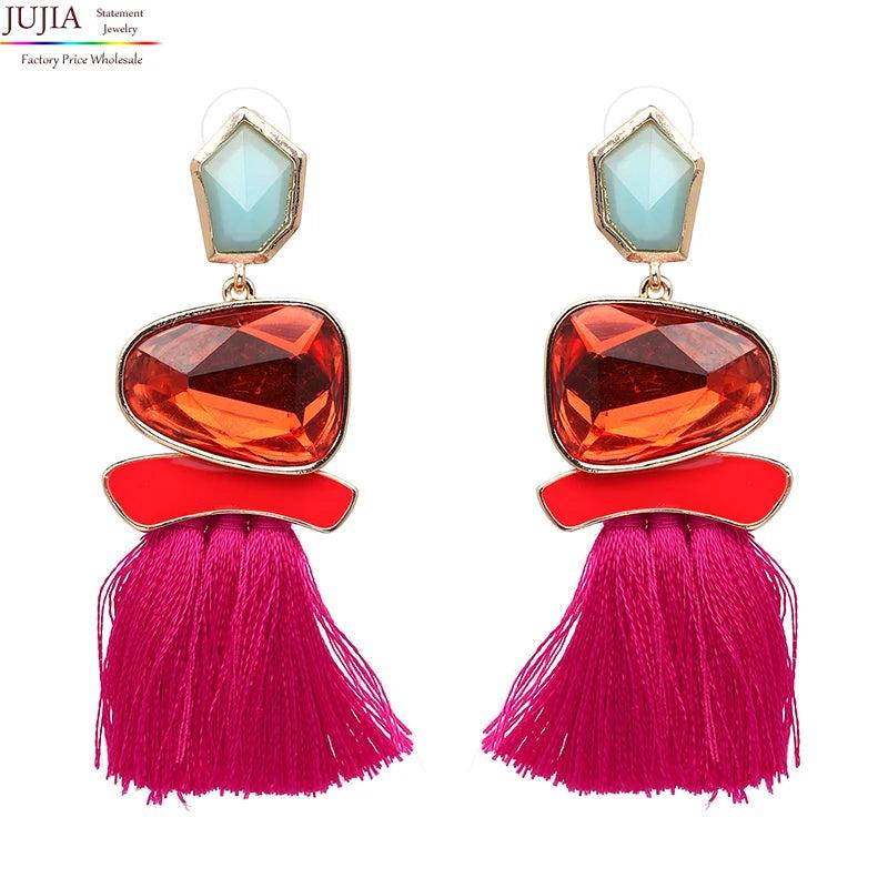 Korea Hot Pink Crystal Drop Earrings Wedding Jewelry Rhinestones Dangle