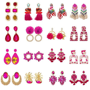 Korea Hot Pink Crystal Drop Earrings Wedding Jewelry Rhinestones Dangle